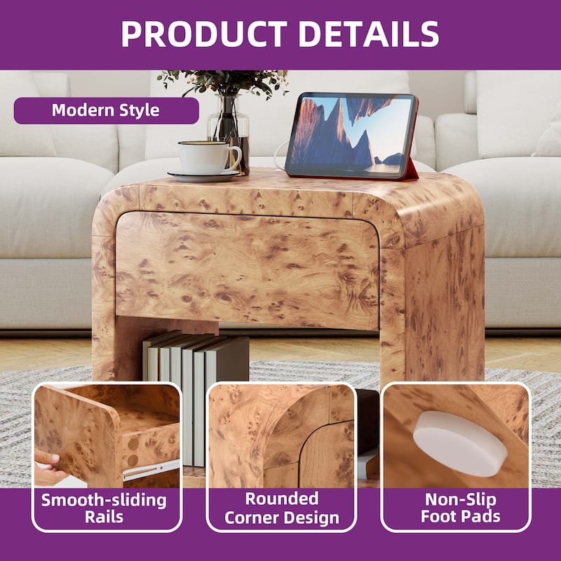 Moasis Modern Distressed Side Table Chair Side Bedside Table with Drawer and Charging Station