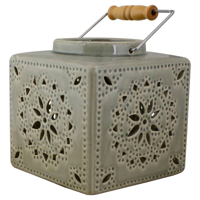 6.75" Light Olive Green Square Crackle Finish Mosaic Cut Out Lantern