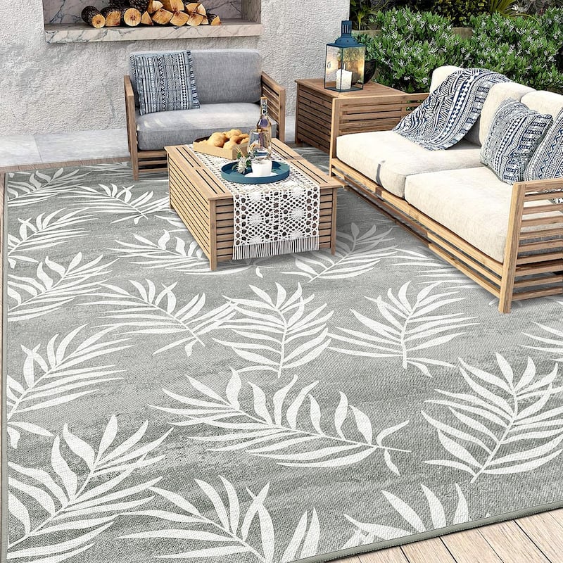 Modern Washable Area Rug - With Tropical Leaf Pattern for Living Room, Bedroom, Soft Non Slip Non Shedding - Grey - 8*10ft