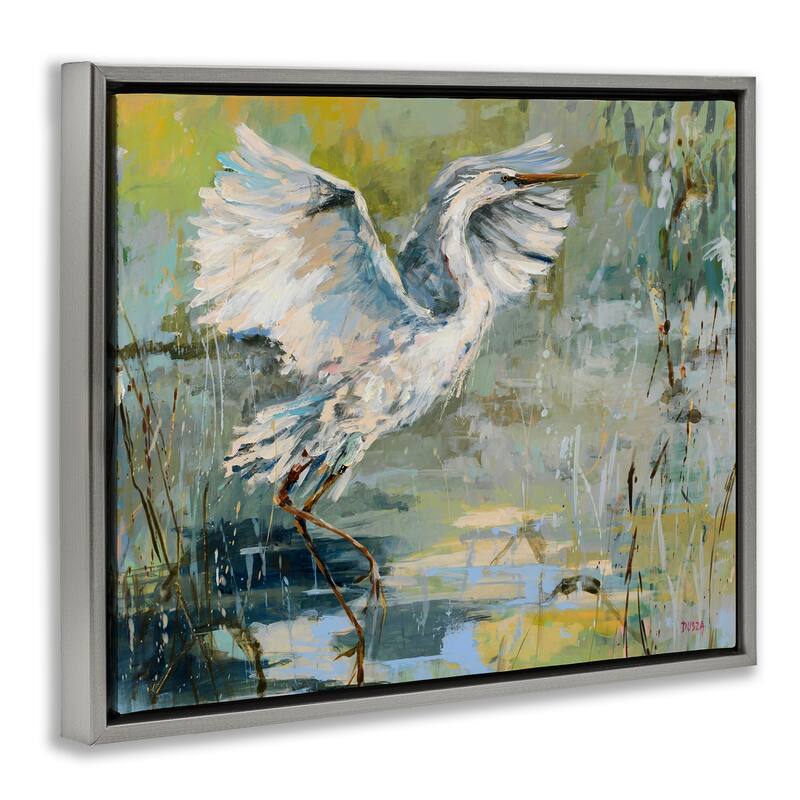 Stupell Radiant Crane at Pond Framed Floater Canvas Wall Art Design By Dusza