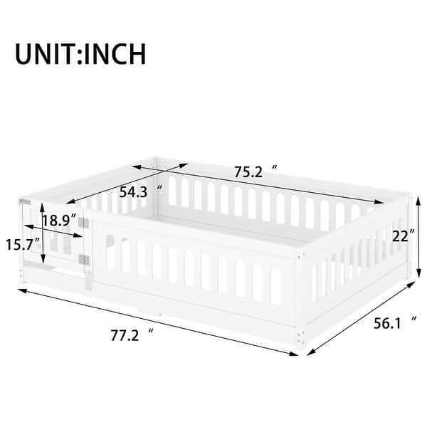 dimension image slide 7 of 8, White Bed Frame Montessori Bed Twin Size Toddler Floor Bed with Guardrails and Door for Children Boys Girls Kids Playroom