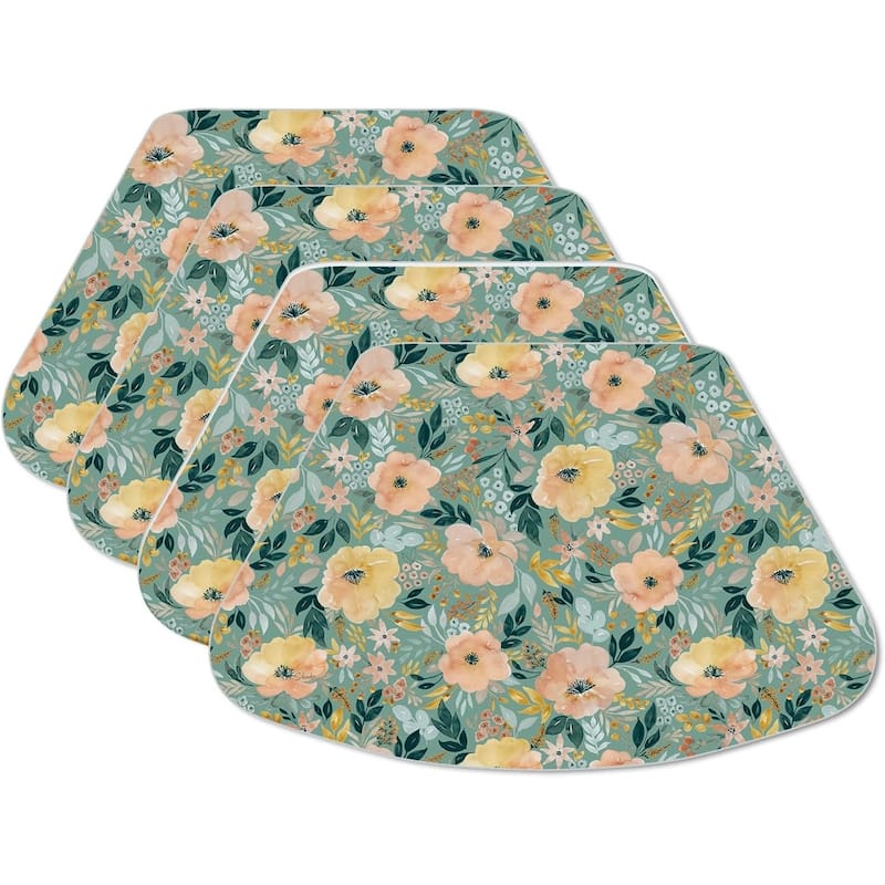 Modern Florals Wedge Shaped Reversible Flexible Plastic Placemat 4 Pack Made in The USA 17.75" x 11.25" Easily Wipes Clean - Multi - Set of 4