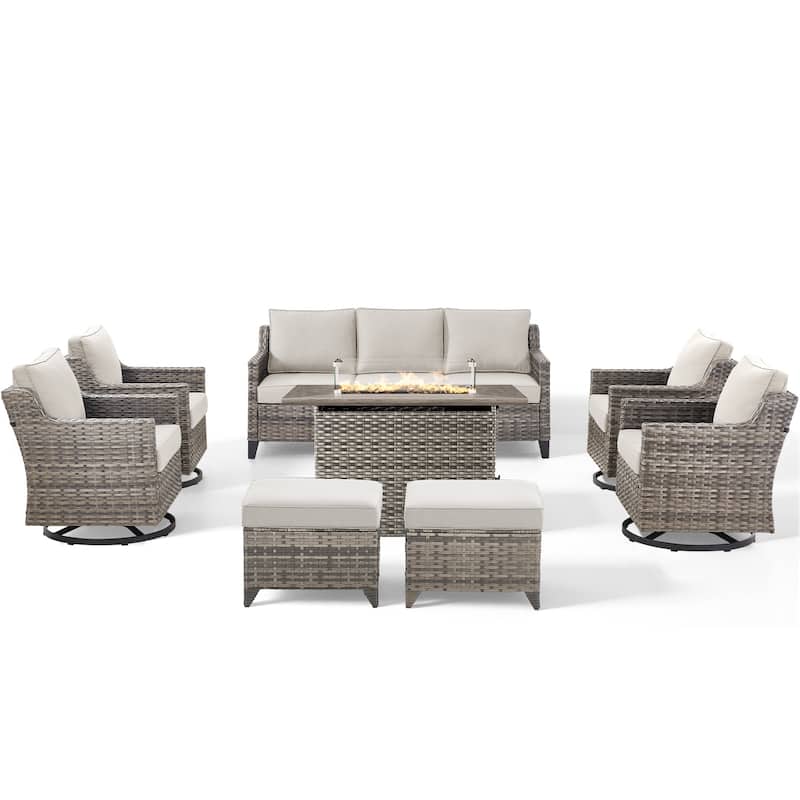 Pocassy Outdoor Swivel Chair with Sofa with Fire Pit Table