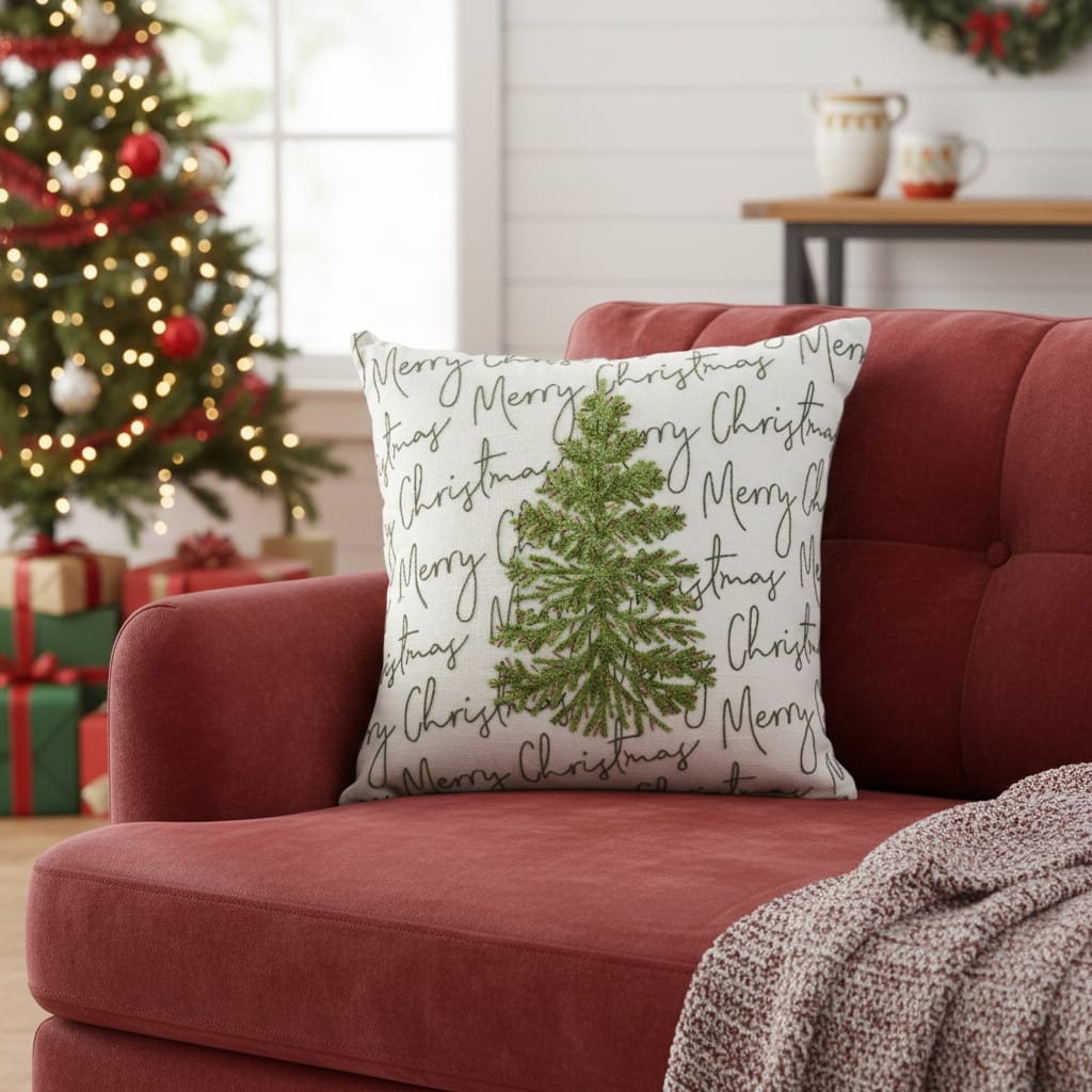 18" White And Green Cotton Merry Christmas Throw Pillow With Embroidery