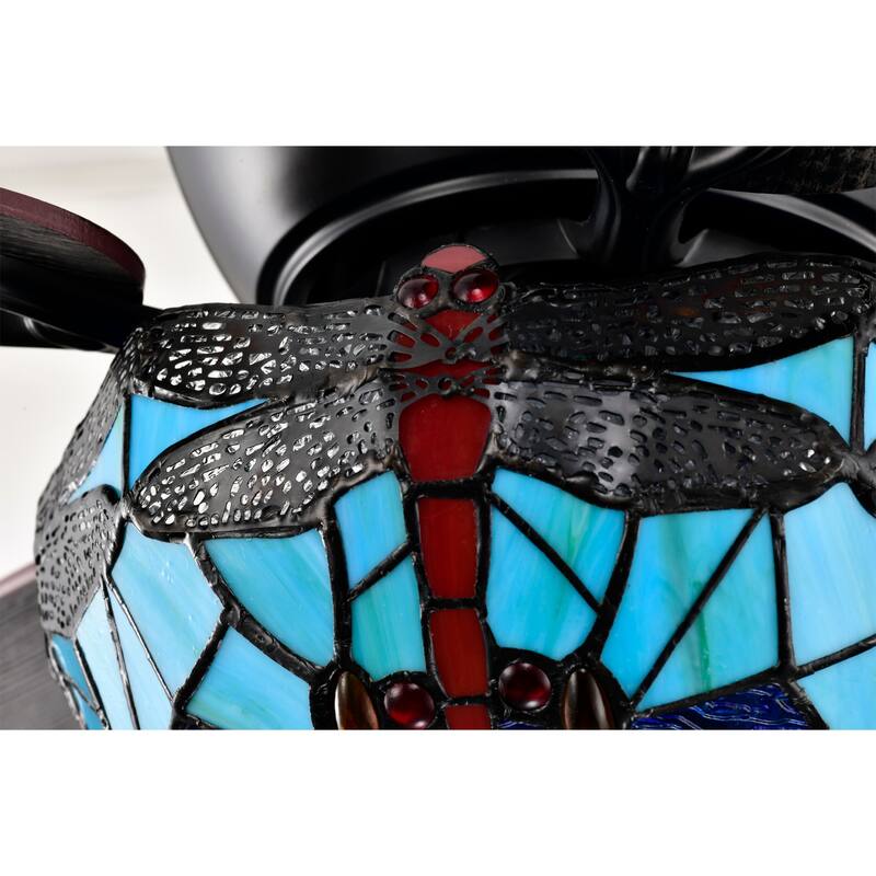 Pluvey 52-Inch Flushmount Lighted Ceiling Fan Blue Red Draginfly Tiffany Glass Lamp Black Finish