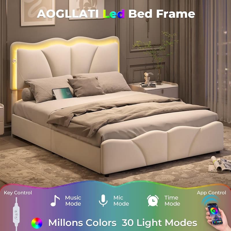 Platform Bed Frame with Flower Headboard 4 Storage Drawers