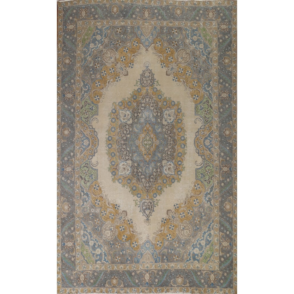 Hand Knotted Oriental 100% Wool Carpet Traditional Medallion Beige & Ivories Tabriz Area Rug - 11' 6'' X 8' 0''