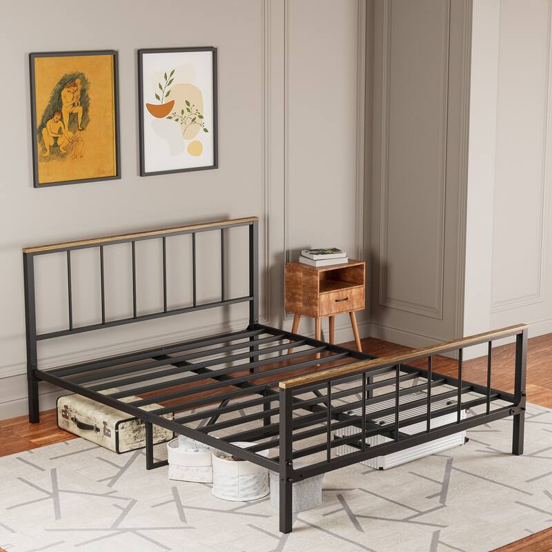 Queen Metal Platform Bed Frame with Headboard, Sturdy Iron Construction, No Box Spring Needed