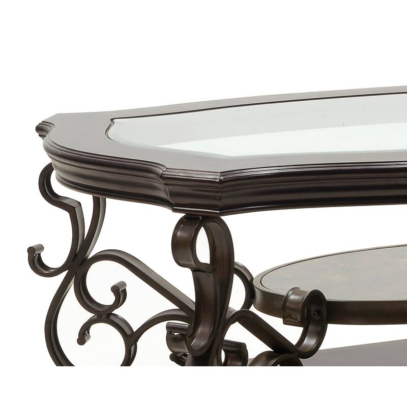 Roomfitters Modern Cocktail Table with Glass Top, Faux Marble MDF Shelf and Metal Legs, Living Room Coffee Table, White