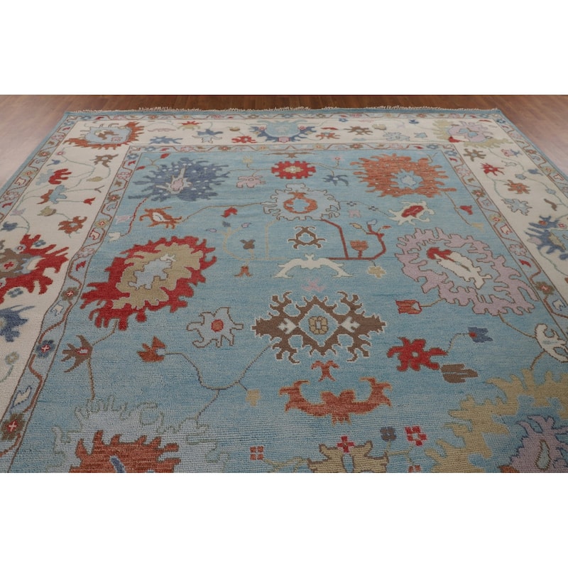Light Blue Floral Oushak Oriental Large Rug Hand-Knotted Wool Carpet - 10'1" x 13'9"