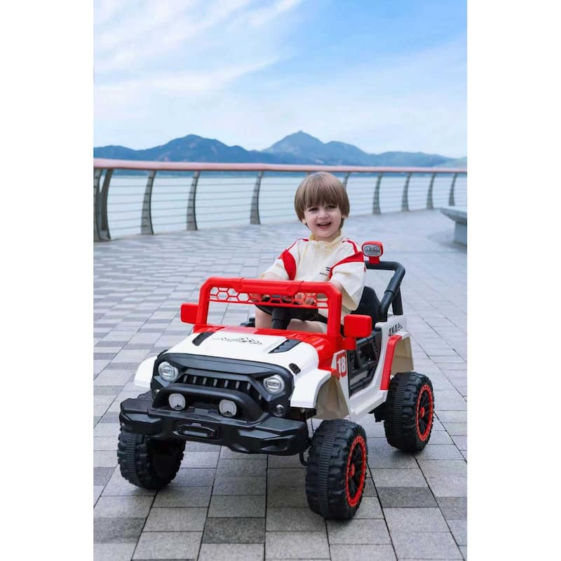 12V Kids Electric Ride-On Car with Remote Control, Red/White, Spring Suspension & LED Lights - Red