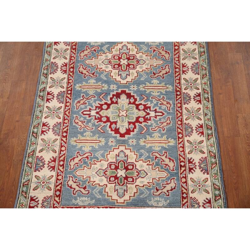 Blue Geometric Kazak Oriental Accent Rug Handmade Wool Carpet - 3'4"x 5'0"