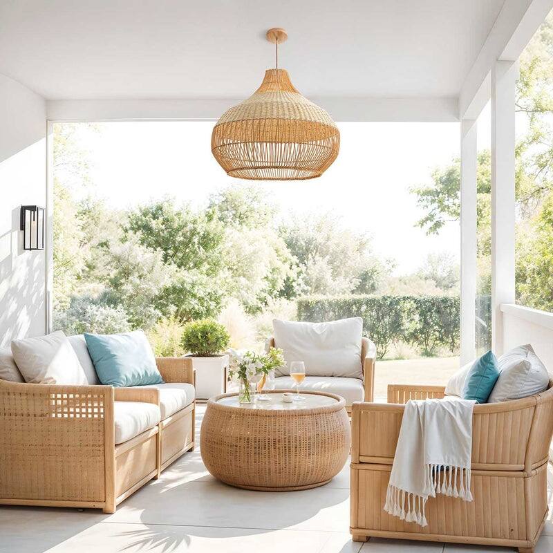 Beatrice Outdoor Rattan Pendant Light - Brown Large Dome 1-Light Handwoven Hanging Light For Coastal, Tropical, Boho Room Decor