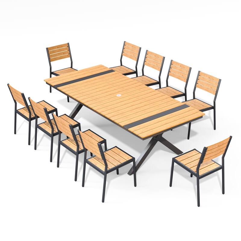 Pellebant 11-PC Aluminum X Frame Outdoor Patio Dining Set Table with Stackable Chairs - Brown