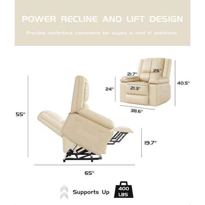 Leather Power Lift Recliner with Heat & Massage, Pockets for Elderly