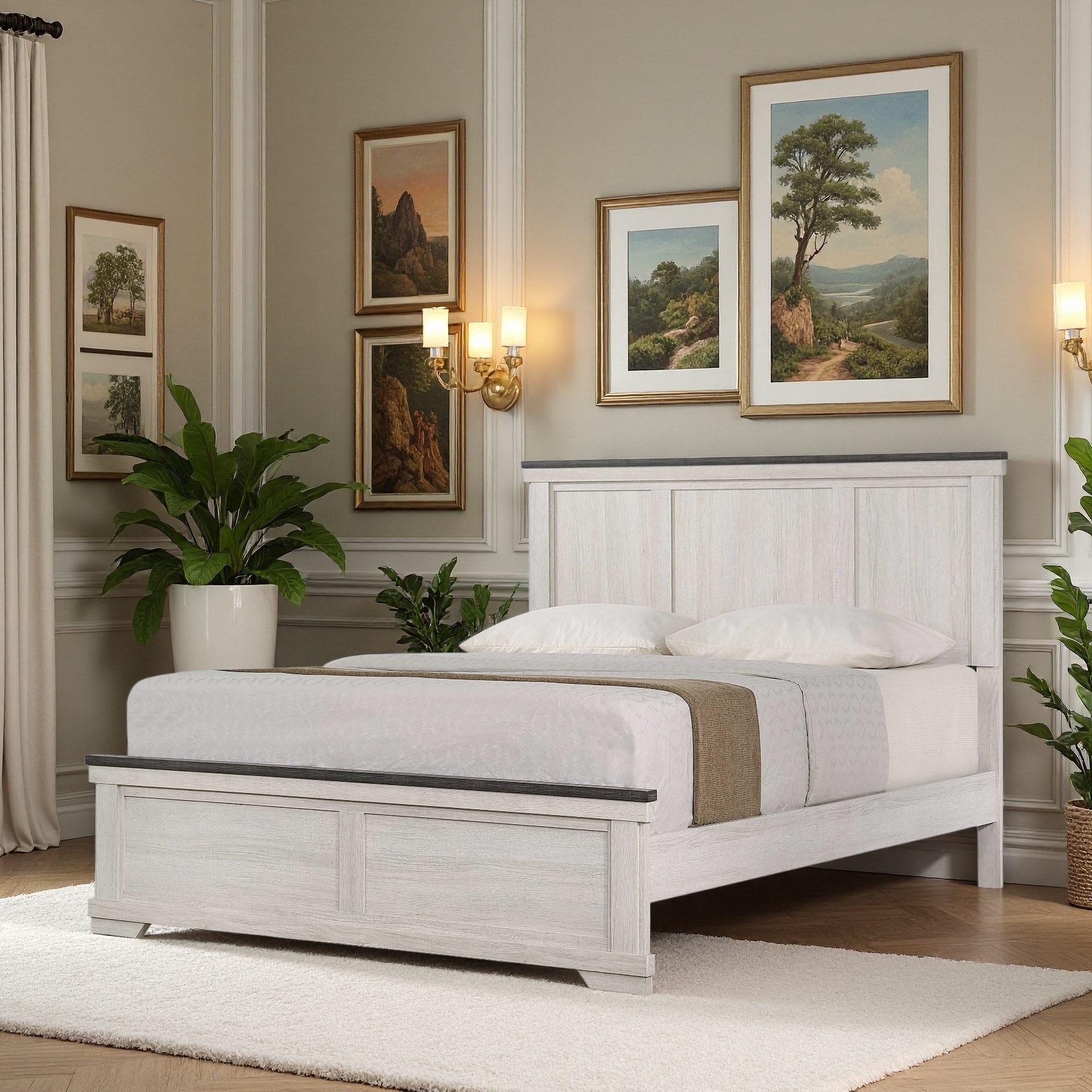 Queen Size Wood Panel Bed with Farmhouse Rustic Style