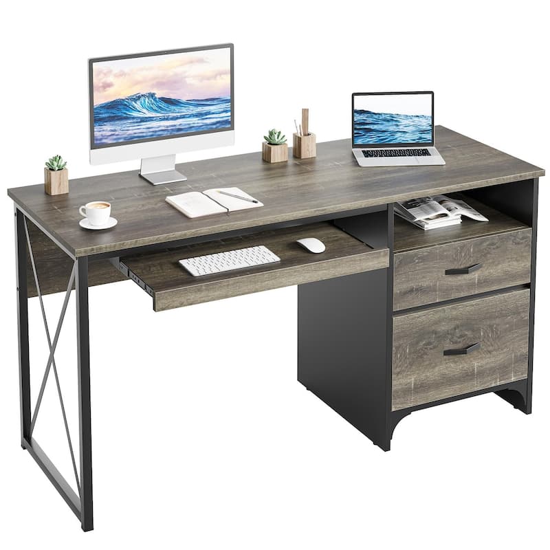 55 inch Computer Desk with Keyboard Tray and Storage Drawers