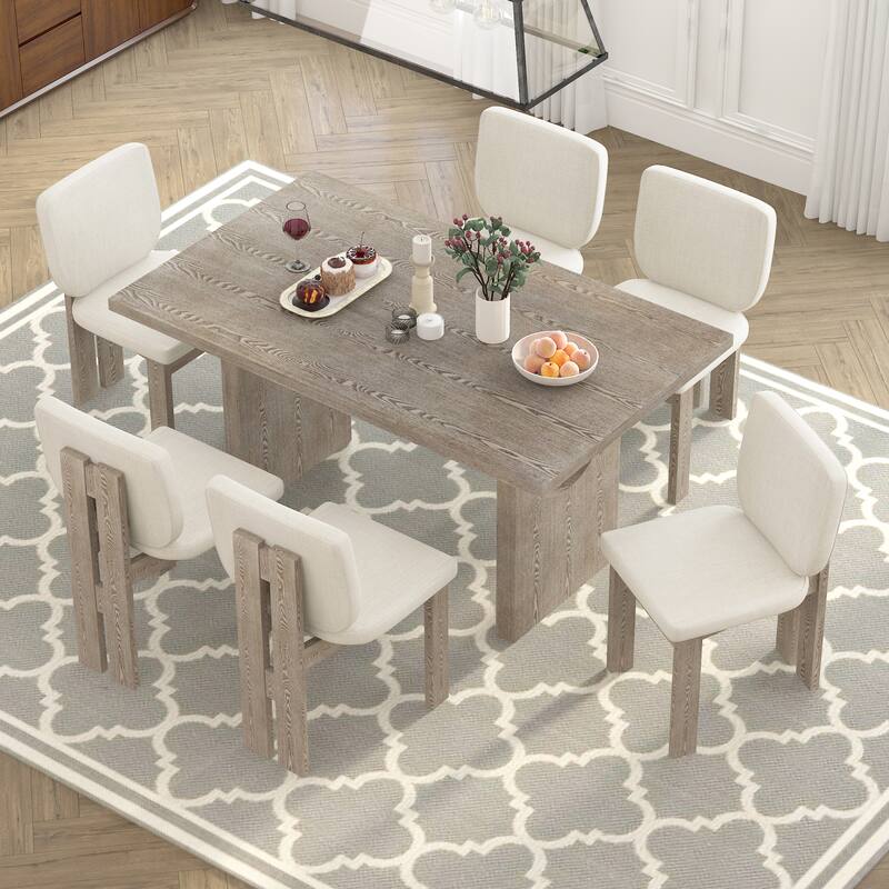 Vintage 7-Piece Dining Set, Rectangular Table with Trestle Base & 6 Upholstered Chairs