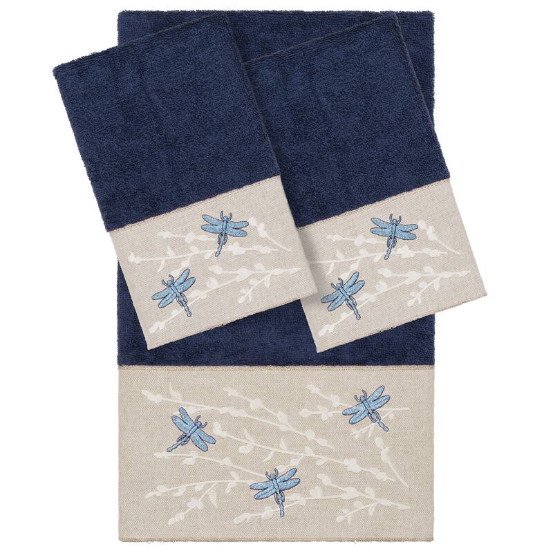 Authentic Hotel and Spa 100% Turkish Cotton Braelyn 3PC Embellished Towel Set - Navy