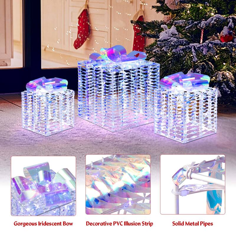 3 pcs Iridescent Christmas Gift Box LED Lighted Present Box Decoration