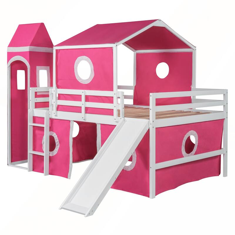 Full Size Loft Bed with Slide Pink Tent and Tower