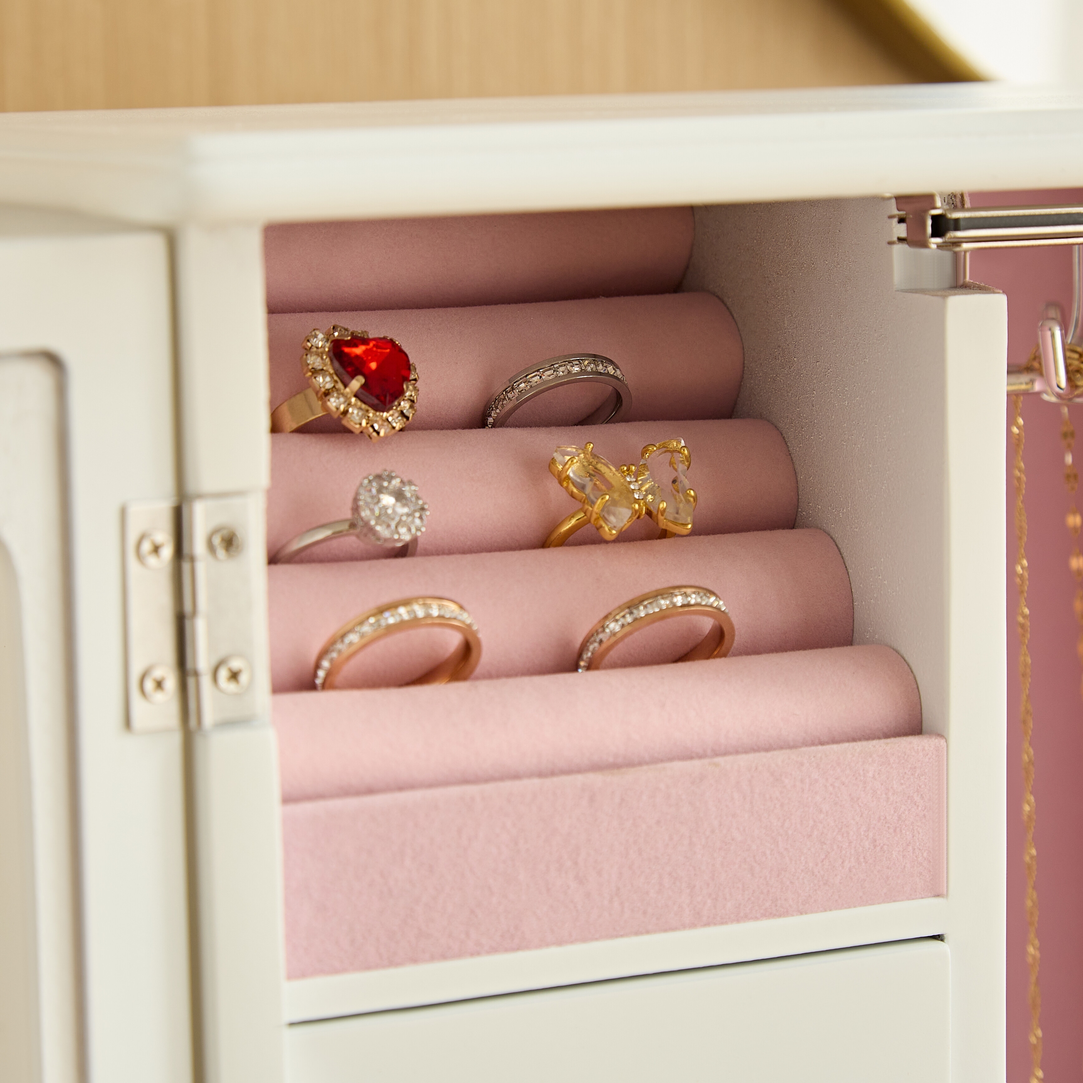 NAT Solid Wooden Jewelry Box with 3 Drawers Built in Necklace Carousel and Mirror White 10 5.2 11.7 IN White