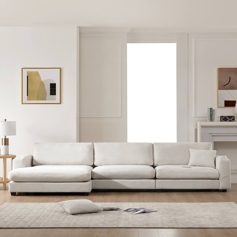 134" Corduroy Sectional Sofa with USB & 50" Chaise