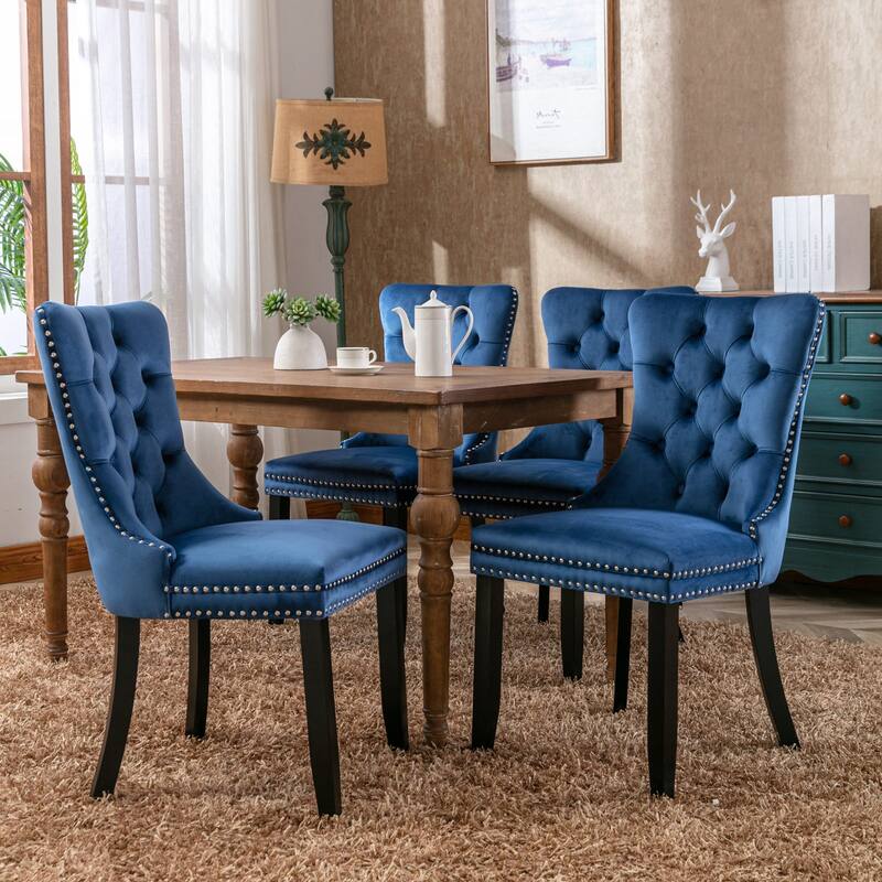 Set of 2 Velvet Upholstered Dining Chairs with Nailhead Trim and Wooden Legs