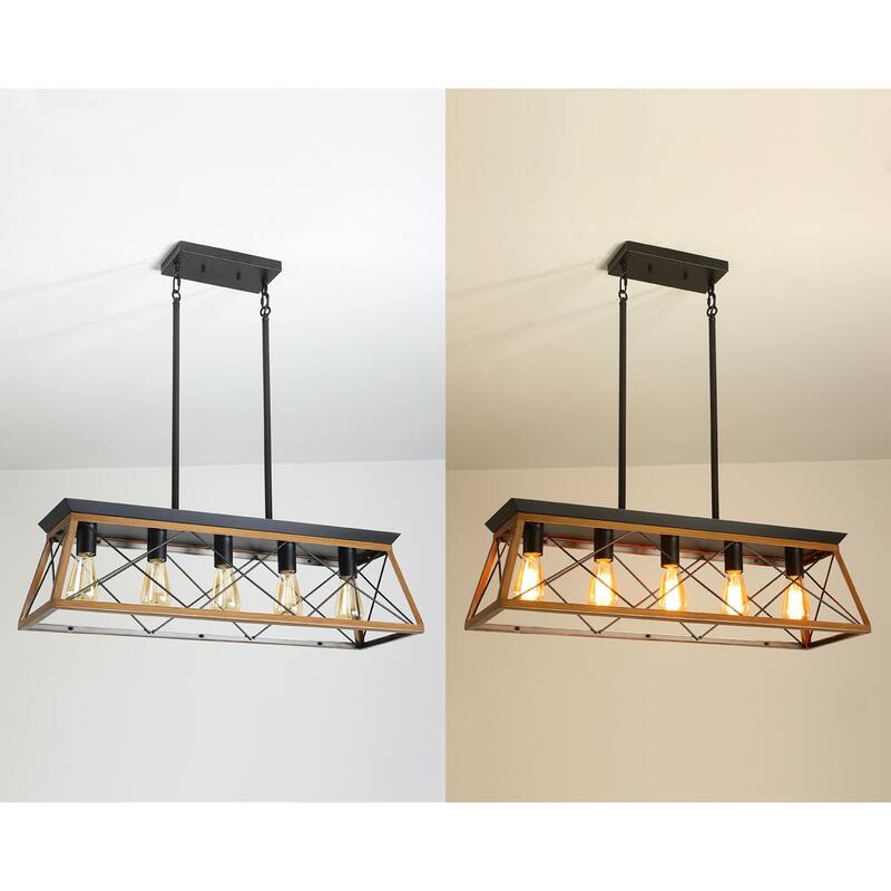 32" Industrial 5-Light Pendant Chandelier, Modern Metal Cage Design, Adjustable Hanging Light for Dining Room (No Bulbs)