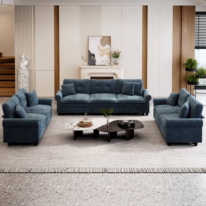 MASION ARTS 3-Piece Modular Sectional Sofa, Oversized Cloud Couch with Armchairs/Loveseats, Deep Seat Sofa (5–7 Seats) - 7-Seater/Blue/Chenille