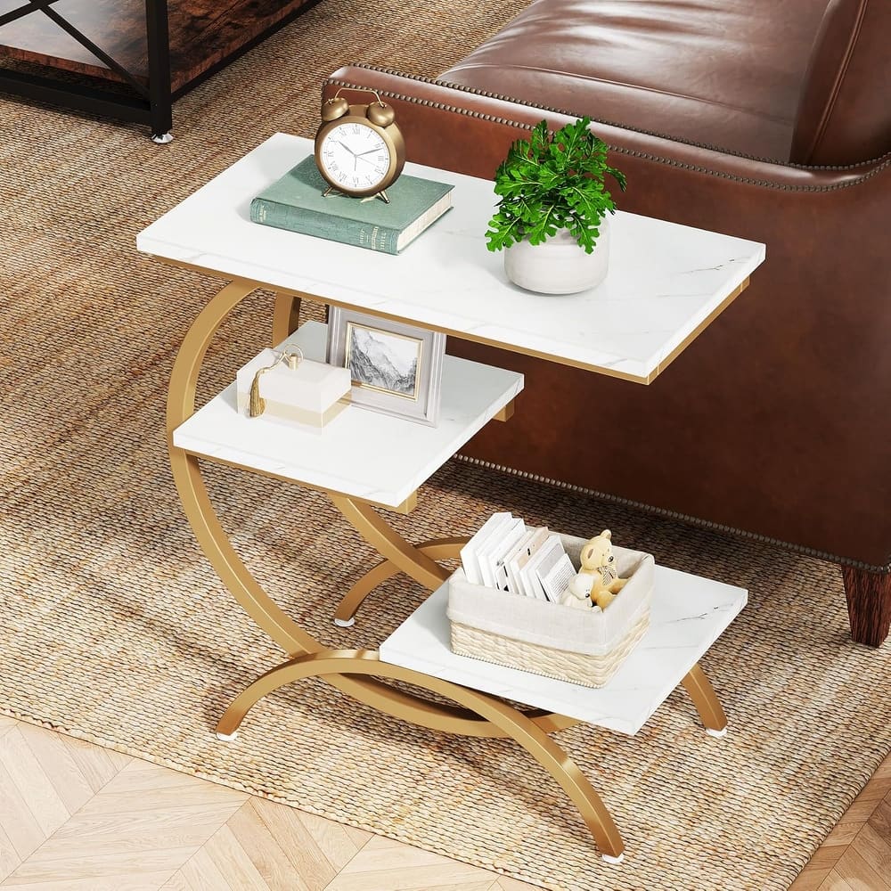 C-Shaped End Table, Industrial 3-Tier Side Table, Wood Bedside Table