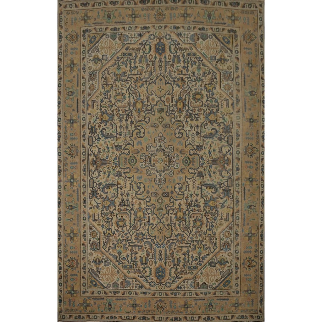Hand Knotted Oriental 100% Wool Carpet Traditional Floral Beige & Ivories Tabriz Area Rug - 11' 1'' X 8' 3''