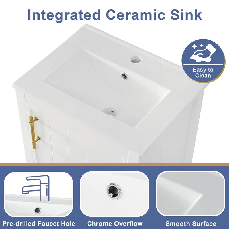 20" Modern Bathroom Vanity with Sink, Soft Close Door, Storage Rack & Open Shelf, Freestanding Cabinet