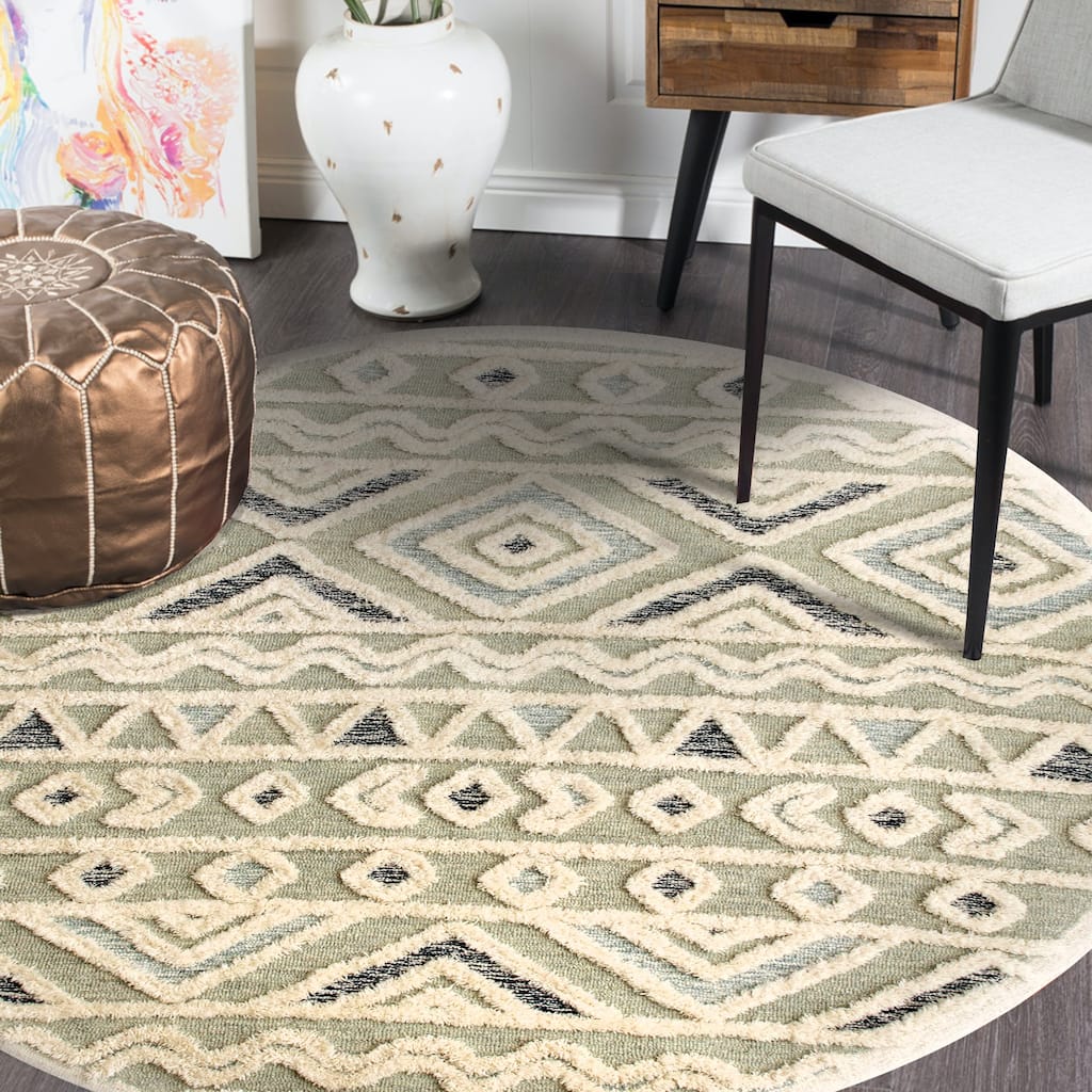 Suino Tribal Geometric Hand-Tufted Wool Round Indoor Area Rug by Sevita