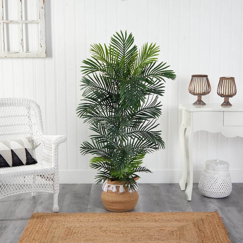 Artificial Palm Tree 5ft Indoor Outdoor - Rustic Boho Tree with Planter - Variegated Fronds - Home Decor - Green