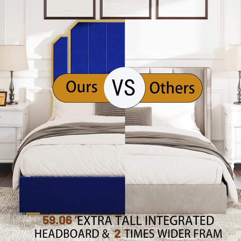 Queen Size Upholstered Bed Frame with 59.06" Headboard and Golden Plating Trim