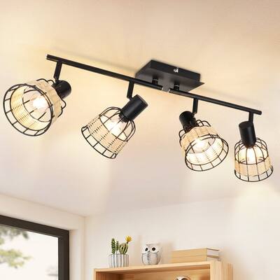 4-light Modern Rattan Ceiling Spotlight, Farmhouse Bamboo Track Lamp with Woven Cage for Foyer, Dining Room, Balcony