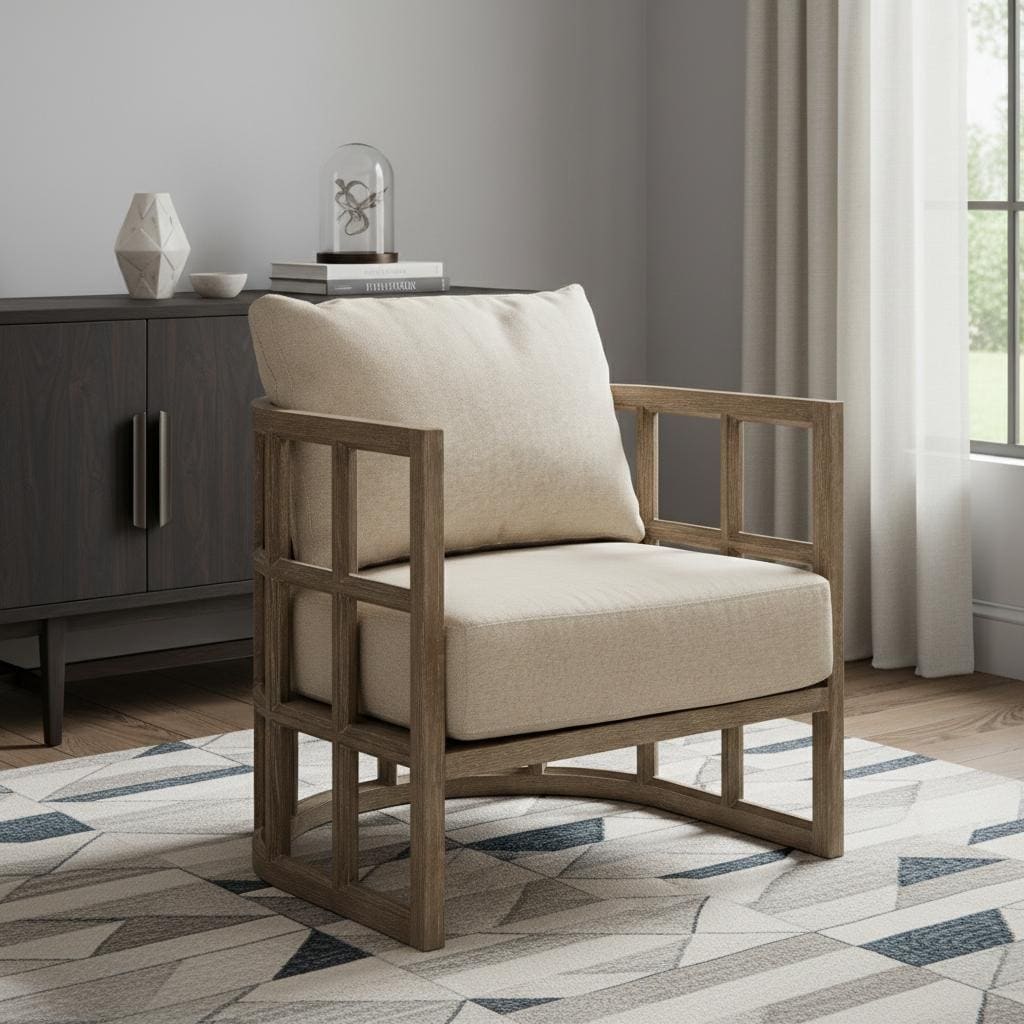 HomeRoots 30" Cream and Brown Fabric Arm Chair - 29.75 in. x 33.75 in. x 29.00 in.