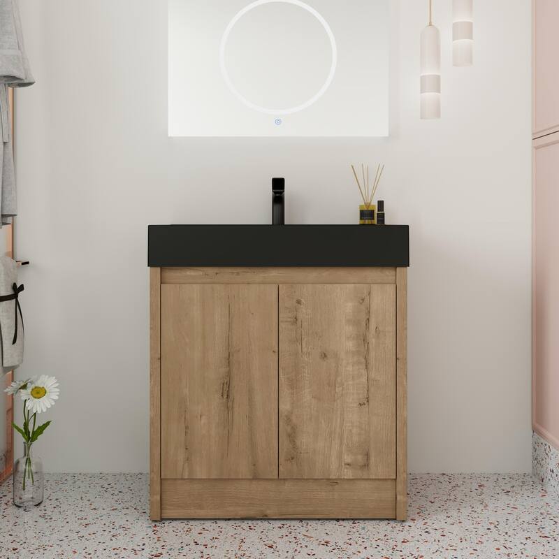 Beingnext 24"/30"/48"/60" Bathroom Vanity with Sink, Freestanding Bathroom Vanity with Soft Close Door - 29.5"W x 18.1"D x 35"H - Imitative Oak-Black Basin