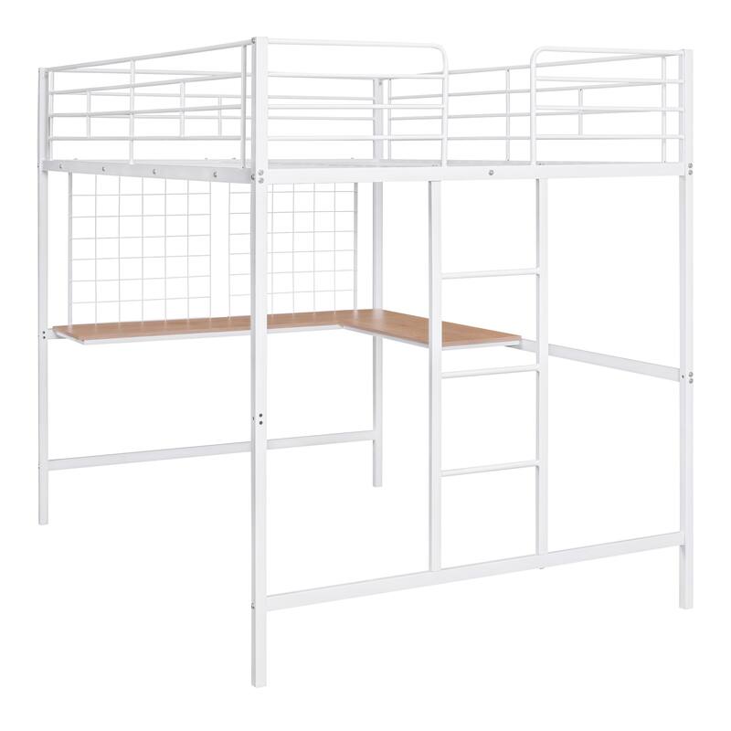 Full Size Metal Loft Bed with Desk, Ladder and Metal Grid for Kids, Teens, Girls, Boys