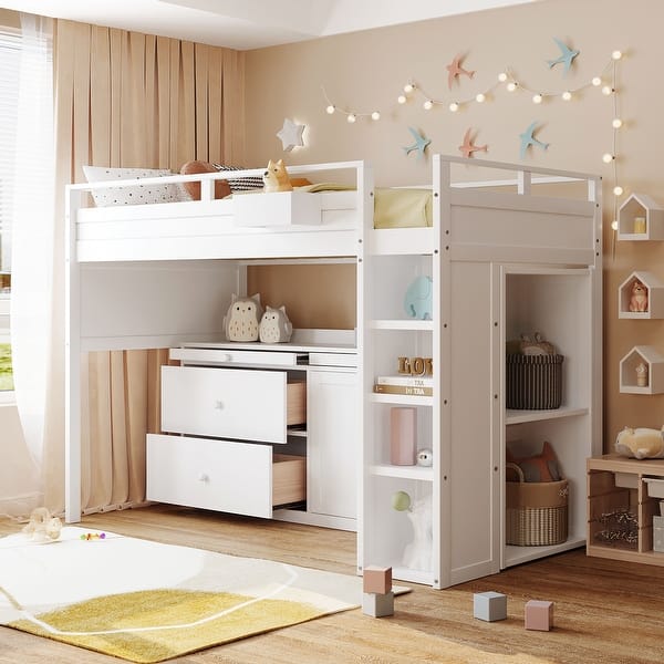 slide 2 of 9, White Pine Wood Twin Size Loft Bed with Rolling Cabinet