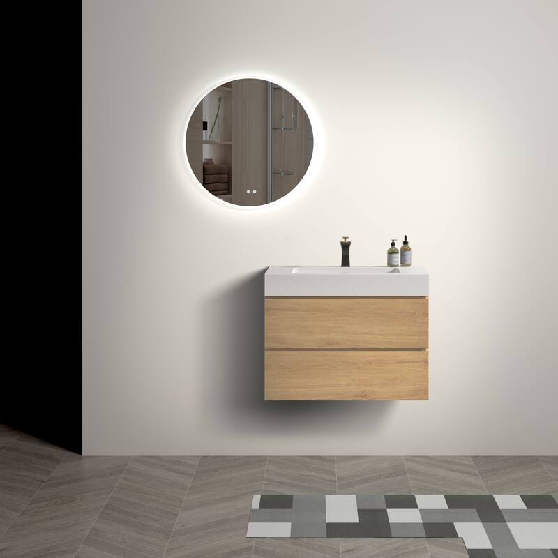Wall-Mounted Bathroom Vanity with Glossy White Solid Surface Basin, Natural Oak Finish, and Double Drawers - 29.9in L Melamine