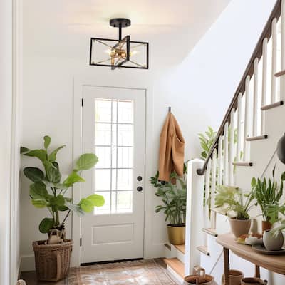 Modern Black Gold 3-Light Sputnik Semi-Flush Mount Ceiling Light Cage Starburst Chandeliers - 13"L x 10.5"H