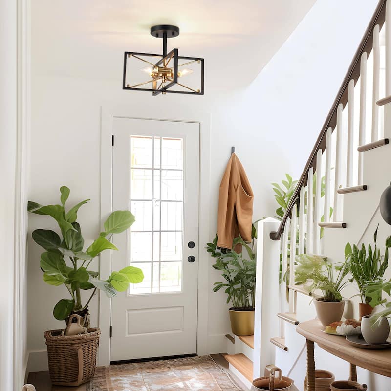 Modern Black Gold 3-Light Sputnik Semi-Flush Mount Ceiling Light Cage Starburst Chandeliers - 13"L x 10.5"H