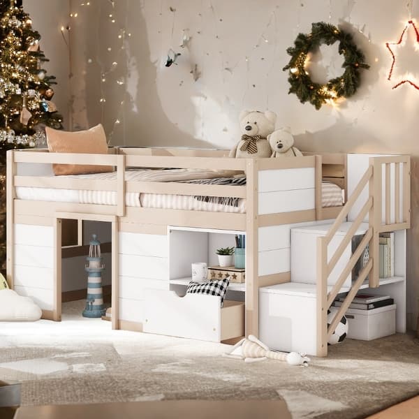 slide 2 of 9, Multiple Functional Loft Bed With Drawers,Cream,White,Kids and Baby