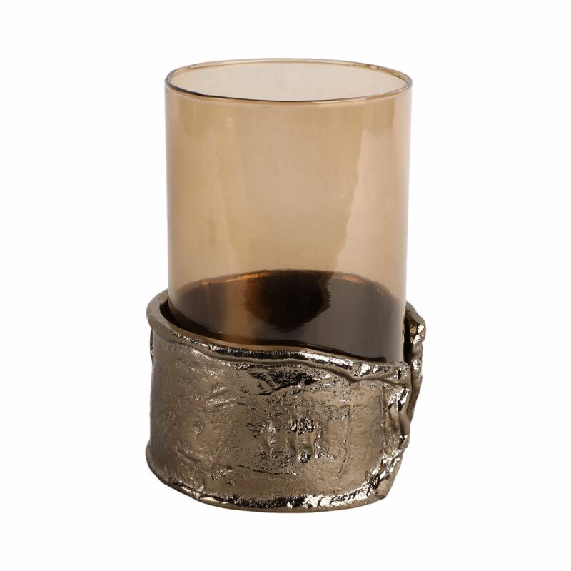 Candle Holder - Brown Glass with Metal Wraparound