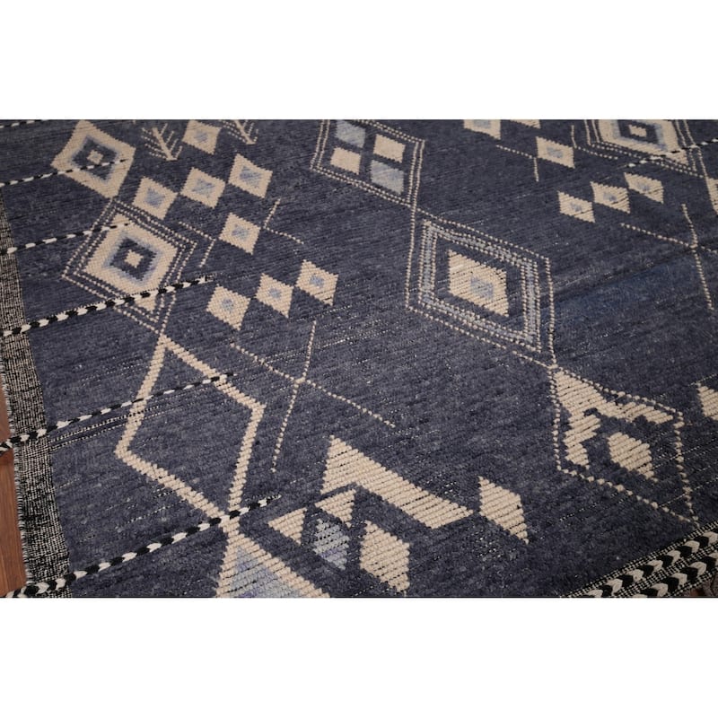 Geometric Blue Moroccan Oriental Area Rug Hand-Knotted Wool Carpet - 7'9" x 12'9"