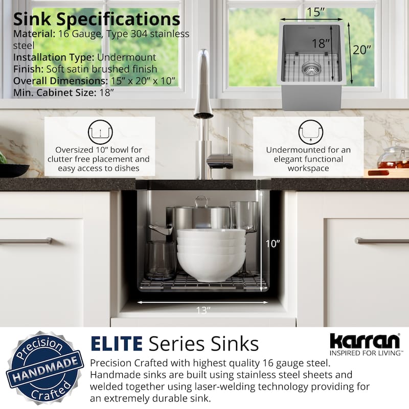 Karran Elite series 16 Gauge Stainless Steel 15 in. Undermount Bar Sink Kit
