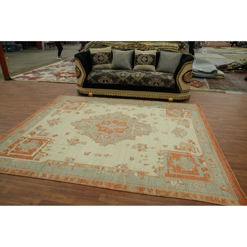 Vegetable Dye Wool Oushak Turkish Area Rug, Medallion Geometric Carpet - 9' 6'' X 8' 3''