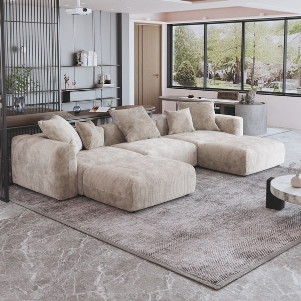 141.73" Modular Sectional Sofa, Corduroy U Shaped Sofa Couch with Ottomans